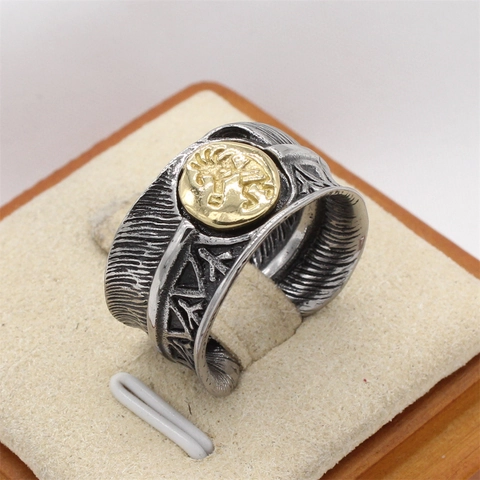 Vintage Veer Titaniumstaal Ring Voor Heren Retro Verweerd Verstelbaar Open Band Etnisch Kokopelli Medaillon Punk Sieraden
