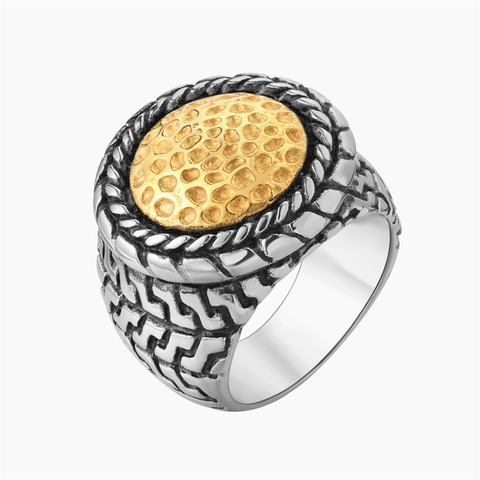 Bague Chevalière Pour Homme En Acier Inoxydable Or Et Argent Disque Martelé Texture Tressée Rétro Industriel Punk Biker
