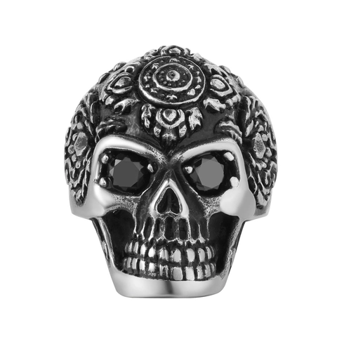 Bague Tête de Mort en Acier au Titane Vintage Homme Punk Gothique Mandala Sculpté Yeux en Strass Bijoux Biker Argent Rétro