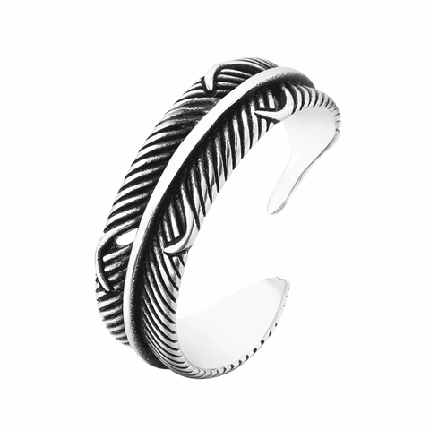 Anello Aperto Piuma in Acciaio al Titanio Retrò per Uomo Donna Vintage Regolabile Stile Indiano Punk Hip Hop Anello