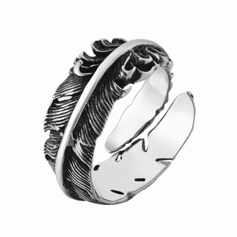 Vintage Retro Feather Pattern Stainless Steel Ring For Men Women Punk Style Carved Texture Gold Silver Color Band Ring Jewelry