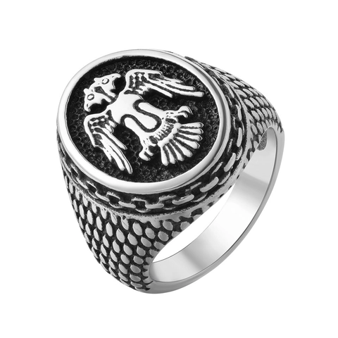 Retro Heren Titaniumstaal Tweekoppige Adelaar Ring Vintage Punk Stijl Heraldisch Reliëf Zegelring Vingersieraden Cadeau Voor Hem