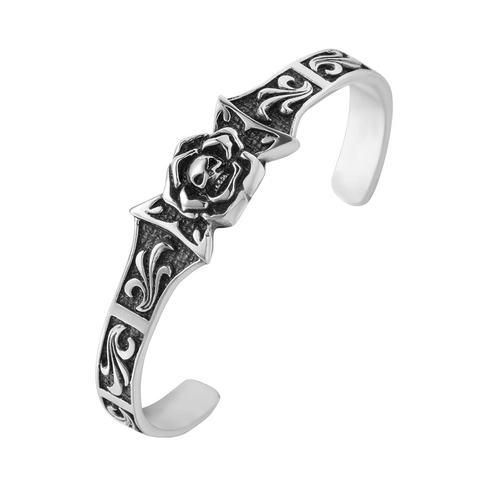 Brazalete Abierto de Calavera y Rosa Retro Gótico para Hombre de Acero Inoxidable Punk Rock Joyería de Motociclista