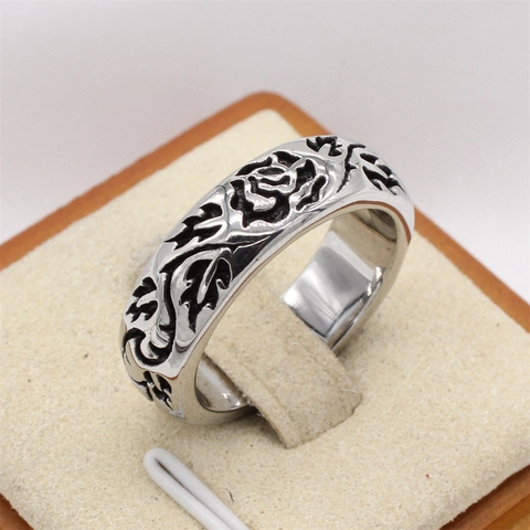 Vintage Rose Flower Stainless Steel Ring For Men Women Engraved Floral Vine Band Personalized Gothic Punk Jewelry Gift