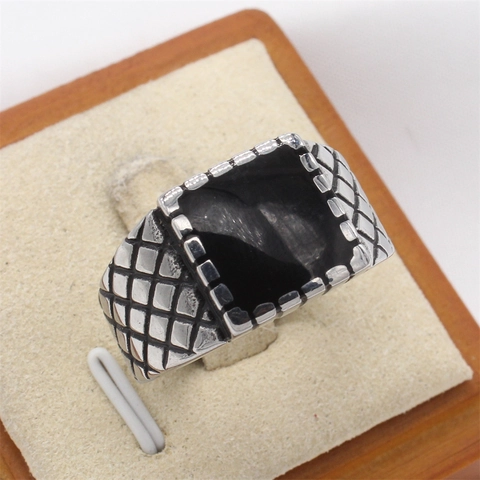 Vintage Men's Titanium Steel Ring Square Black Drip Oil Signet Ring Personalized Quilted Pattern Band Punk Hip Hop Jewelry