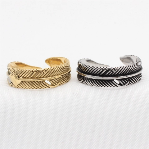 Anello Aperto Piuma in Acciaio al Titanio Retrò per Uomo Donna Vintage Regolabile Stile Indiano Punk Hip Hop Anello