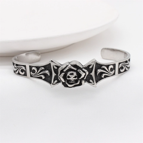 Brazalete Abierto de Calavera y Rosa Retro Gótico para Hombre de Acero Inoxidable Punk Rock Joyería de Motociclista