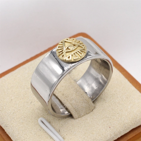 Vintage Titanium Steel Eye Of Providence Ring For Men All Seeing Eye Triangle Freemasonry Two Tone Band Ring Punk Jewelry