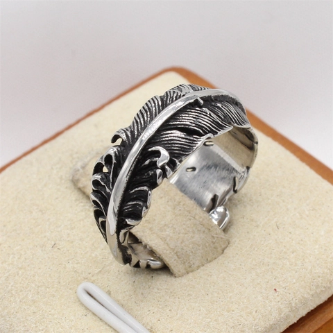 Vintage Retro Feather Pattern Stainless Steel Ring For Men Women Punk Style Carved Texture Gold Silver Color Band Ring Jewelry