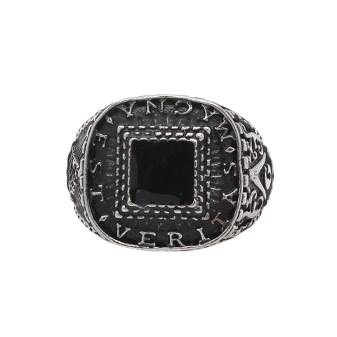 Anillo Masónico de Acero de Titanio Retro para Hombre Color Plata Antigua Inscripción Latina Sello Negro Cuadrado Joyería