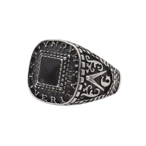 Anillo Masónico de Acero de Titanio Retro para Hombre Color Plata Antigua Inscripción Latina Sello Negro Cuadrado Joyería