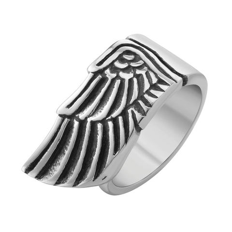 Anello in Acciaio Inossidabile con Ali di Piume Vintage per Uomo Punk Gothic Retro Distressed Wide Band Biker Style Gioielli