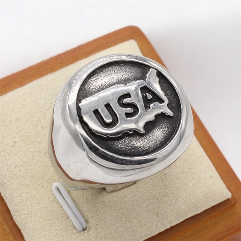 Retro USA Mappa Anello Sigillo Uomo Acciaio al Titanio Vintage Acciaio Inossidabile Patriottico Stati Uniti Mappa Anelli