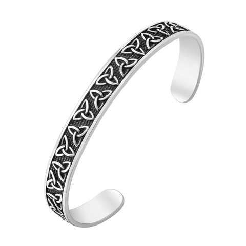 Viking Celtic Knot Titanium Steel Cuff Bracelet For Men Vintage Oxidized Silver Triquetra Pattern Adjustable Open Bangle Jewelry
