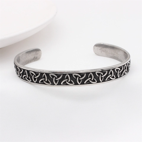 Viking Celtic Knot Titanium Steel Cuff Bracelet For Men Vintage Oxidized Silver Triquetra Pattern Adjustable Open Bangle Jewelry