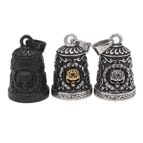 Retro Titanium Steel Skull Bell Pendant For Men Gothic Biker Punk Style Vintage Embossed Scrollwork Design Jewelry Pendant