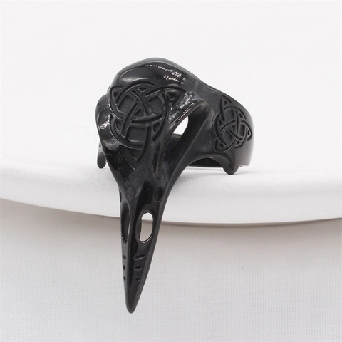 Gothic Viking Crow Skull Ring For Men Stainless Steel Celtic Knot Raven Head Bone Punk Biker Finger Ring Jewelry Gift