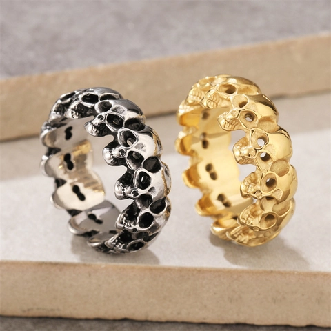 Vintage Men Titanium Steel Skull Ring Punk Gothic Retro Biker Band Rings For Men Gold Silver Color Jewelry Gift