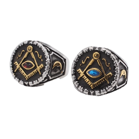 Vintage Men's Stainless Steel Freemasonry Signet Ring Red Blue Rhinestone Two Tone Religious Jewelry Compass Square Ring