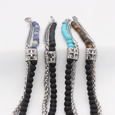 Vintage Titanium Steel Double Layer Cross Beaded Bracelet For Men Stainless Steel Chain Natural Stone Lava Rock Jewelry Gift