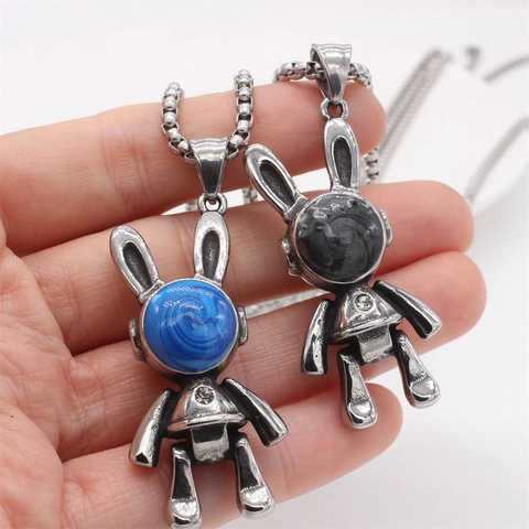 Ciondolo Coniglio Meccanico Retrò Acciaio al Titanio Senza Catena Stile Cyberpunk Strass Intarsiato Gioielli Forma Animale Regalo Unisex