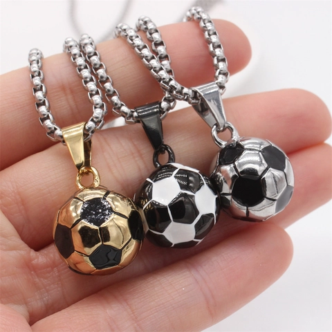 Sporty Stainless Steel Soccer Ball Pendant Men Fashion Football Necklace Accessory Gold Silver Black Enamel Sports Jewelry For Boys Gift