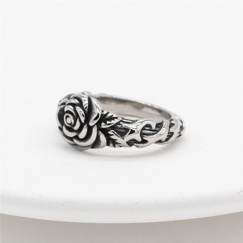 Vintage Stainless Steel Rose Flower Ring 3D Carved Floral Texture Gothic Punk Retro Style Band For Men Women Gift Jewelry