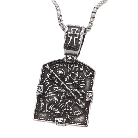 Vintage Edelstahl St Georg Drachentöter Relief Anhänger Religiöses Kreuz Schild Halskette Für Herren Retro Schmuck