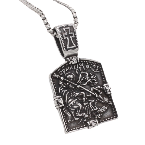 Vintage Edelstahl St Georg Drachentöter Relief Anhänger Religiöses Kreuz Schild Halskette Für Herren Retro Schmuck