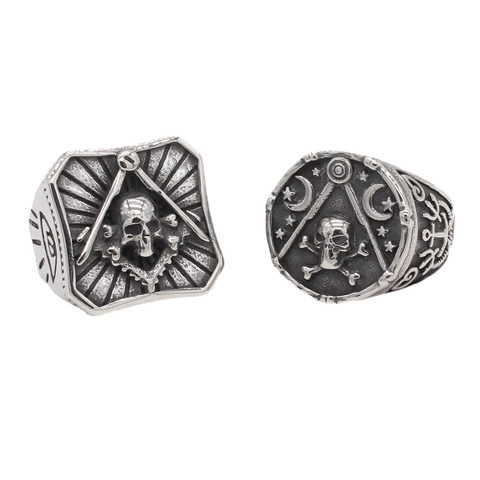 Vintage Men Titanium Steel Skull Ring Masonic Symbol All-Seeing Eye Gothic Punk Antique Silver Distressed Biker Ring Jewelry