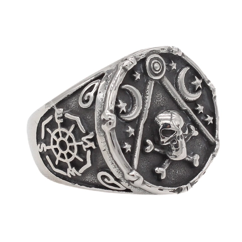 Vintage Men Titanium Steel Skull Ring Masonic Symbol All-Seeing Eye Gothic Punk Antique Silver Distressed Biker Ring Jewelry