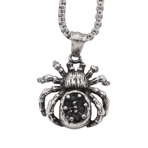 Collar de Hombre de Acero de Titanio con Colgante de Araña Gótica Retro con Diamantes de Imitación Negros Joyas de Animales Plata Antigua Sin Cadena