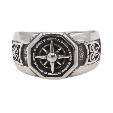 Anello Bussola Croce Vintage da Uomo Acciaio al Titanio Argento Antico Ottagonale Biker Punk Anelli per Uomo Gioielli Regalo