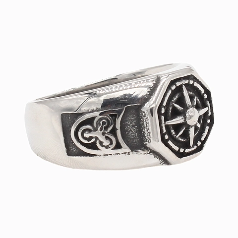 Anello Bussola Croce Vintage da Uomo Acciaio al Titanio Argento Antico Ottagonale Biker Punk Anelli per Uomo Gioielli Regalo