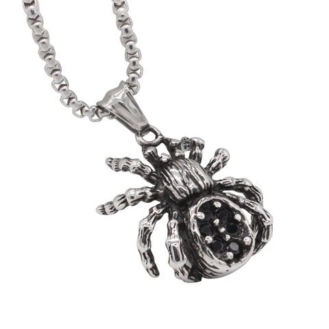 Collar de Hombre de Acero de Titanio con Colgante de Araña Gótica Retro con Diamantes de Imitación Negros Joyas de Animales Plata Antigua Sin Cadena