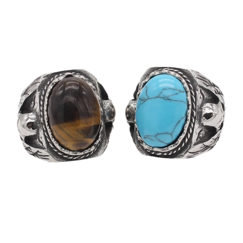 Bague Vintage en Acier Titane avec Crâne et Aigle avec Pierre Ovale Oeil de Tigre Turquoise Punk Gothique Bijoux
