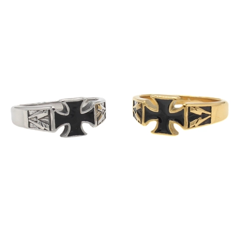 Anello da Uomo in Acciaio al Titanio con Croce di Ferro Vintage Punk Gotico Biker con Smalto Nero Oro Argento Gioielli Regalo