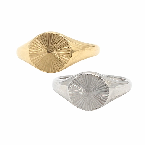 Minimalist Titanium Steel Signet Ring For Women Circular Sunburst Radial Pattern Gold Silver Plated Polished Fashion Finger Jewelry
