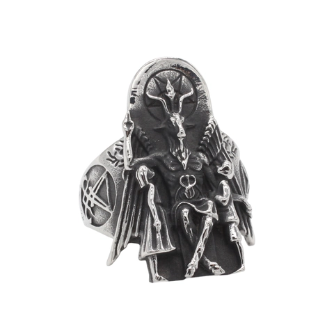Anello in Acciaio Inossidabile Vintage Baphomet Pentagramma per Uomo Retro Capra Satanica Testa Rilievo Intagliato Gioielli Mistici