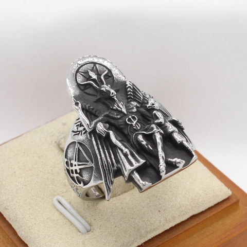 Anello in Acciaio Inossidabile Vintage Baphomet Pentagramma per Uomo Retro Capra Satanica Testa Rilievo Intagliato Gioielli Mistici