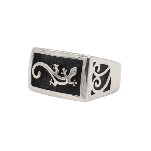 Anello Lucertola in Acciaio al Titanio da Uomo Vintage Punk Rettangolare Rilievo Geco Totem Band Anello Personalità Intagliata