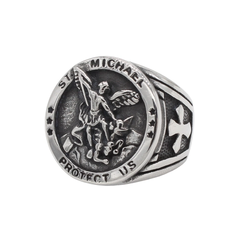 Anello da Uomo Retro in Acciaio al Titanio St. Michael Protect Us Arcangelo Angelo Religioso Croce Anello Invecchiato