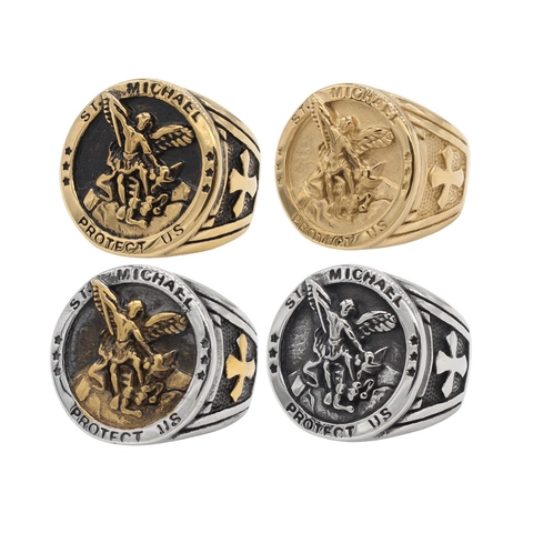 Anello da Uomo Retro in Acciaio al Titanio St. Michael Protect Us Arcangelo Angelo Religioso Croce Anello Invecchiato