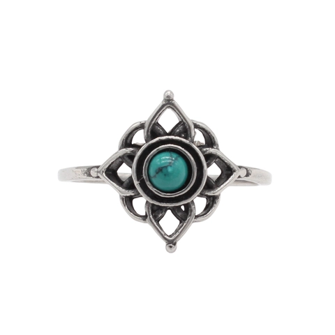 Anello Vintage in Acciaio al Titanio Con Pietra Turchese Sintetica Anello Etnico Bohemien Mandala con Loto Vuoto in Argento Antico