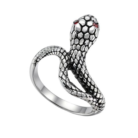 Retro Titanium Steel Snake Ring For Men Women Antique Silver Color Red Rhinestone Eye Punk Gothic Animal Finger Ring Jewelry
