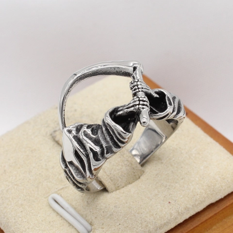 Vintage Gothic Grim Reaper Scythe Stainless Steel Ring For Men Retro Skeleton Punk Rock Biker Jewelry Titanium Steel Antique Ring