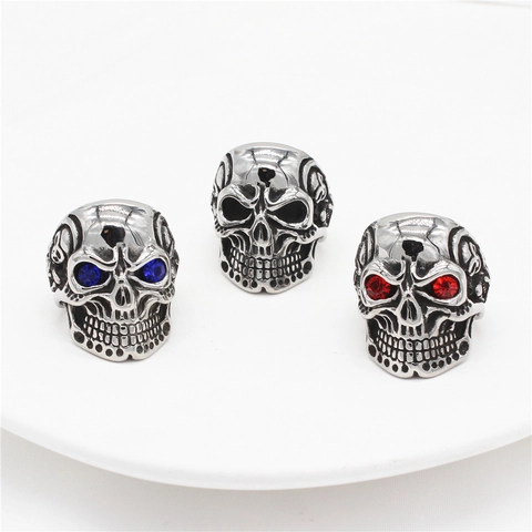 Vintage Punk Men Titanium Steel Skull Ring With Red Blue Rhinestone Eye Gothic Rock Biker Ring Party Jewelry Accessory