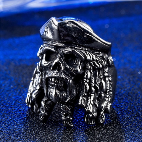 Retro Piratenkapitein Schedel Ring Heren Roestvrij Staal Gothic Punk Geoxideerd Zilver Skelet Biker Ring Sieraden
