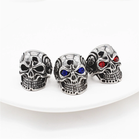 Vintage Punk Men Titanium Steel Skull Ring With Red Blue Rhinestone Eye Gothic Rock Biker Ring Party Jewelry Accessory