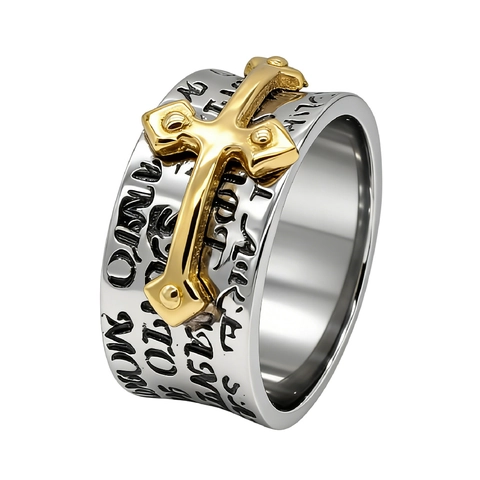 Stainless Steel Vintage Cross Ring For Men Retro Religious Scripture Engraved Two Tone Silver Gold Band Jewelry Gift